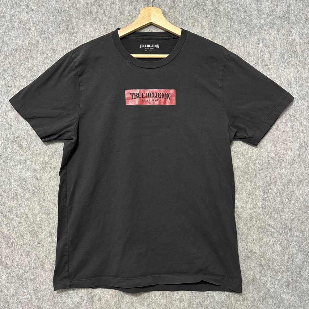 True Religion Mens Large Black‎ Red Box Logo Graphic T-Shirt Short Sleeve Tee
